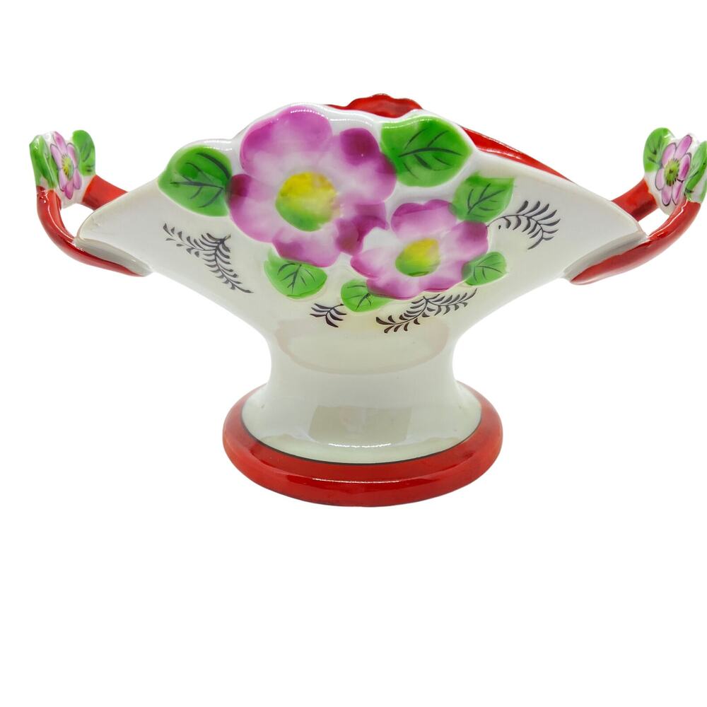 Japanese Vase Urn Planter Miniature Vintage Floral Red White Ceramic Glossy